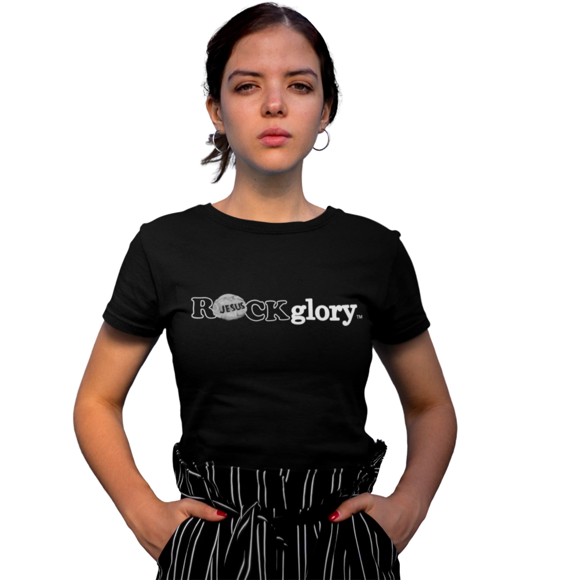 Woman standing outside with hands in pocket wearing a ROCK Fashion brand t-shirt with statement ROCK glory