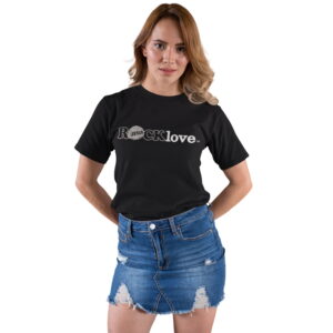 Women standing with hands behind back wearing ROCK Fashions brand ROCKlove t-shirt