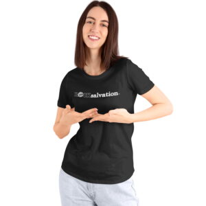 Woman standing showing off her black ROCK Fashion brand t-shirt with statement ROCK salvation